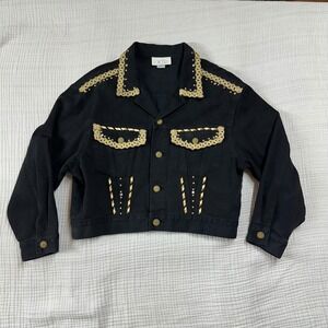 VTG Cache Black Denim Jacket Womens L Embellished Gold Trim Button Front US Made